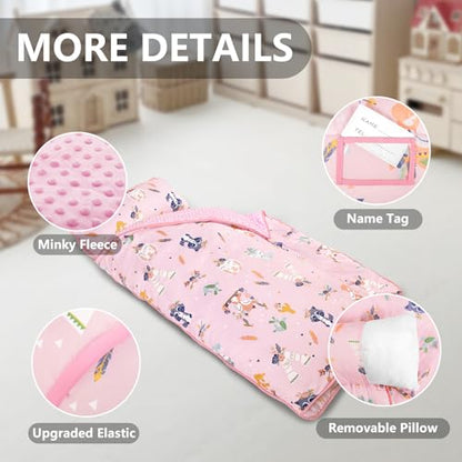 Primlect Thickened Toddler Nap Mat with Removable Pillow and Minky Blanket, Extra Large 55''x35'' Sleeping Bag, Washable, Roll up, Perfect for Daycare, Preschool, Kindergarten, Boys and Girls Pink Fox - color: Pink Fox
