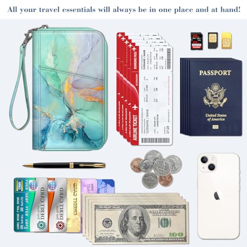 Fintie Family Passport Holder Wallet, RFID Blocking Travel Document Organizer Clutch Bag Credit Cards Case Cover for Women Men - color: Emerald Marble