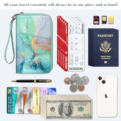 Fintie Family Passport Holder Wallet, RFID Blocking Travel Document Organizer Clutch Bag Credit Cards Case Cover for Women Men - color: Emerald Marble