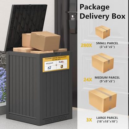 LHBGO Package Delivery Box for Outside, with Delivery Sign 48 Gallon Storage with Lockable Secure, Large Resin Outdoor Package Drop Container - color: Black with Delivery Sign