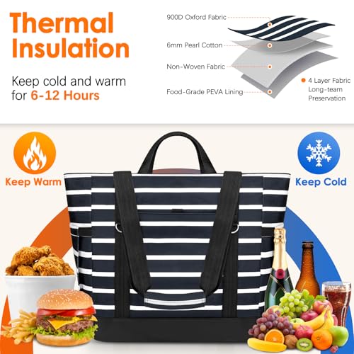Cooler Bag Insulated, Soft Side Cooler, Reusable Grocery Bags with Zipper Closure, Thermal Leakproof Large Insulated Tote Bag for Hot/Cold Food for Grocery, Beach, Travel, Picnic - color: Black and White
