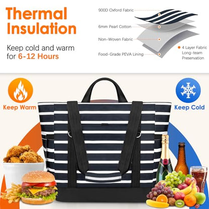 Cooler Bag Insulated, Soft Side Cooler, Reusable Grocery Bags with Zipper Closure, Thermal Leakproof Large Insulated Tote Bag for Hot/Cold Food for Grocery, Beach, Travel, Picnic - color: Black and White