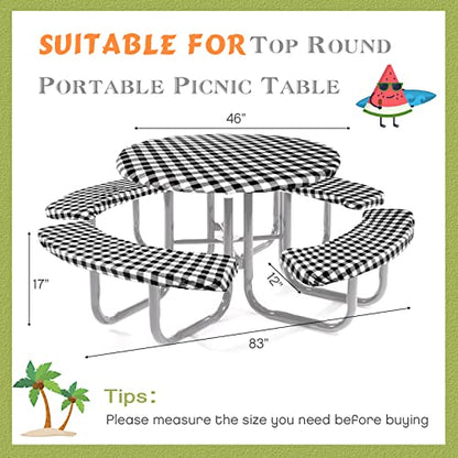 Moukeren Round Picnic Table Cover with Bench Cover Vinyl Fitted Picnic Tablecloth Round Waterproof Wipeable Table Cover with Elastic Edge for Camping Outdoor Patio, Black and White Grid,5 Piece Set