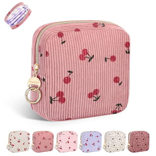 Cute Period Bag for Teen Girls, Corduroy Sanitary Napkin Storage Bag, Menstrual Pad Pouch Tampon Holder for Purse (Cherry-Pink) - color: Cherry-Pink