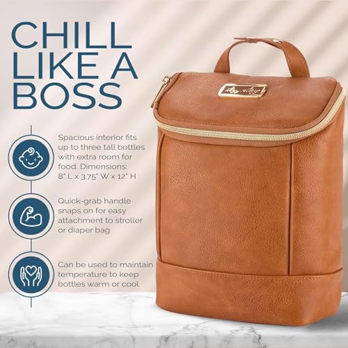 Itzy Ritzy Insulated Bottle Bag – Keeps Bottles Warm or Cool - Holds 3 Bottles & Features Interior Pocket for Ice Pack (Not Included), Cognac - color: Cognac