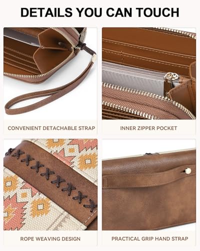 BOSTANTEN Wallets for Women Leather RFID Double Zipper Around Credit Card Holder Large Capacity Wristlet Clutch Wallet - color: Apricot＆brown Floral