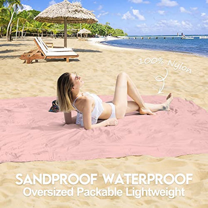 BYDOLL Nylon Beach Blanket Waterproof Sandproof Oversized 7'x7' Suits 1-5 Adults Sand Free Extra Large Blanket Lightweight Soft Picnic Mat for Beach Travel Camping - color: Pink, size: 7'x 7'