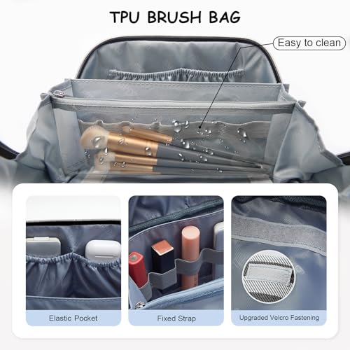 BOYATU Travel Makeup Bag Cosmetic Bag for Women: 3 Pcs Set Striped Make up Bag with Compartments - Waterproof Vegan Leather Toiletry Bag with Handle - Makeup Organizer for Travel Essentials(A-4-Black) - color: A-4-Black