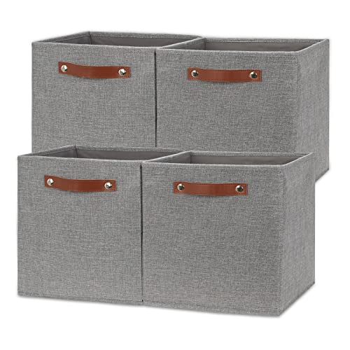 Temary 12x12 Storage Cube Bins 4 Pack Fabric Storage Cubes Storage Bins with Leather Handles, Storage Baskets Foldable Cube Organizers Bins for Home (Grey) - color: Grey, size: 12×12×12