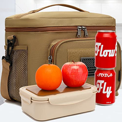 FlowFly Lunch Bag, Insulated Cooler, Thermal Lunch Box Tote with MOLLE/PALS Webbing, Adjustable Padded Shoulder Strap, for Tactical Men Women Adults and Boys Girls Kids (Brown, Large) - color: Brown, size: Large