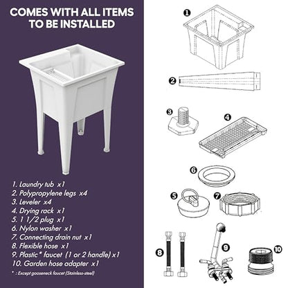 Freestanding Utility Sink with Stainless Steel Gooseneck Faucet - 24" Plastic Utility Sink for Garage, Laundry, Indoor and Oudoor Use - Laundry Tub Kit by Noah William Home - White (19.5 gal) - color: White - Gooseneck faucet