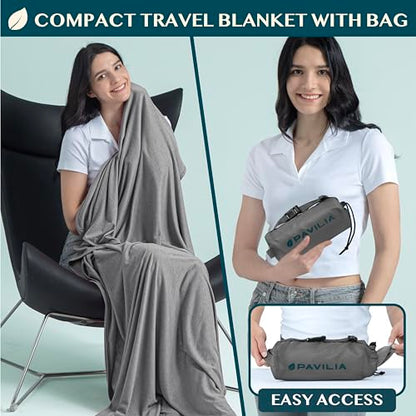 PAVILIA Travel Blanket Airplane Compact with Bag, Lightweight Soft Fleece Plane Blanket Long Flights, Camping Road Trips, Packable Travel Gift Essentials with Luggage Backpack Strap, 65x40, Gray - color: Gray
