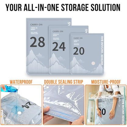 15Pack Travel Vacuum Storage Bags with Rechargeable Wireless Electric Pump - 5300Pa, 3 Sizes Space Saver Seal Bags Fit for (24/28/30 Inch) Carry on Luggage Suitcase, Travel Essentials Packing Cubes