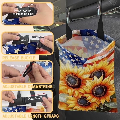 Sunflowers on American Flag Car Garbage Bag, Small Car Trash Bag Hanging Back of Seat,Drawstring Car Trash Bag with Adjustable Buckle,Car Accessories for Camping Travelling - color: Sunflowers on American Flag