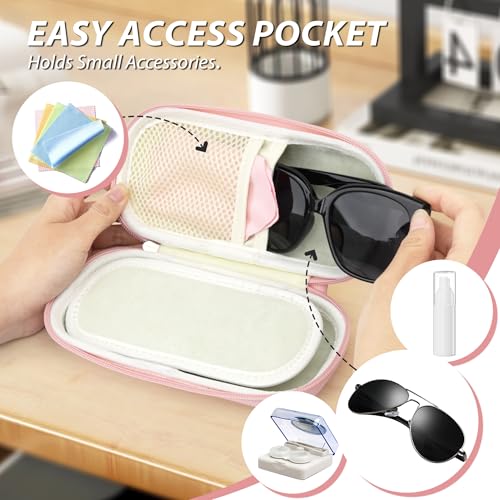 Double Glasses Case for Women Men, Dual Eyeglass Travel Organizer with Wristband - color: Pink