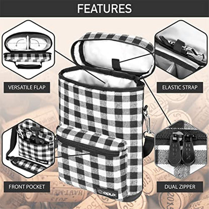 Opux 2 Bottle Wine Tote Carrier, Insulated Cooler Bag for Travel Picnic, Leakproof Padded Case, Wine Gifts for Women & Men, Plaid Buffalo White - color: Buffalo Plaid White