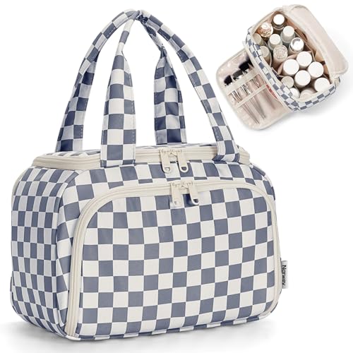 Narwey Checkered Travel Toiletry Bag for Women Large Makeup Bag, Wide-open Cosmetic Make Up Organizer with Handle, Travel Bag for Toiletries, Essentials, Accessories (Greyish Blue Checkerboard) - color: Greyish Blue Checkerboard