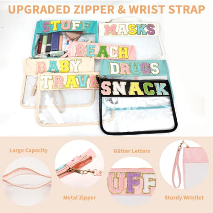 Iqimott Chenille Letter Stuff Bag Clear Flat Pouch, Monogram Glitter Letter Patch Makeup Cosmetic Bag Zipper Toiletry Pouch, Portable Travel Beach Snack Wristlet Bags for Women Girls(Stuff, Pink) - color: Stuff-Pink