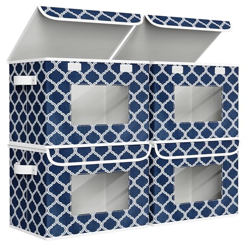 Univivi Fabric Foldable Storage Boxes [4-Pack] Large Collapsible Stackable Storage Bins with Lids, Closet Organizers and Storage Cube Basket for Home, Office, Bedroom (Blue Lantern, 17”x 12” x 12”) - color: Blue Lantern, size: 17''-4 Pack