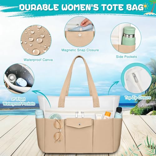 Beach Bags for Women Large Canvas Beach Tote with Zipper Wet Pocket, Waterproof Foldable Swim Pool Travel Tote Bags - color: Khaki