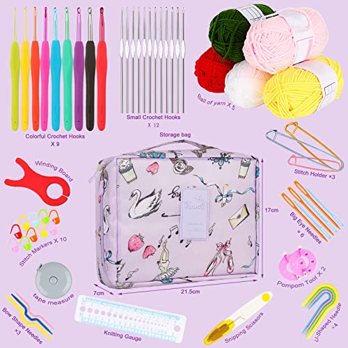 Aeelike Beginner Crochet Kit, 59pcs Crochet Starter Kit for Adults and Kids, Basic Crochet & Knitting Supplies Kit for Beginners,Travel Crochet Kit Small with Purple Storage Bag - color: light purple