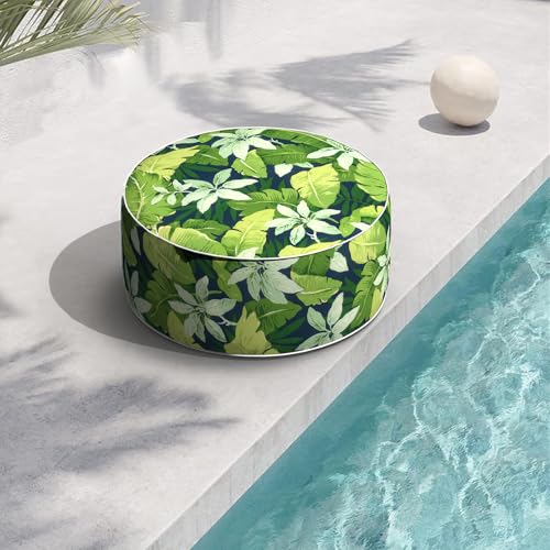 Indoor/Outdoor Inflatable Ottoman with Handle, Decorative Fade-Resistant Round Footstool D21 x H9 inch, Portable Ottoman Pouf for Patio Garden Camping, Jungle Leaves - color: Jungle Leaves, size: 21"D x 21"W x 9"H