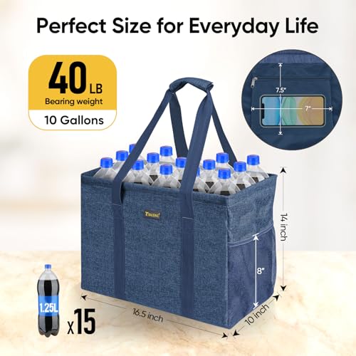 BALEINE Extra Large Utility Tote Bag with Reinforced Wire Frame, Reusable Grocery Bag for Shopping, Picnic (Blue, 16.5''x14''x10'') - color: Blue, size: 16.5''x14''x10''