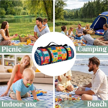 Personalized Waterproof Sandproof Beach Blanket 80''x80'', 3-Layer Foldable Picnic Blanket with Carry Strap, Camping Travel Outdoor Mat for Beach Park Hiking (Paw Print) - color: Paw Print