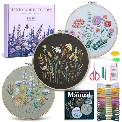 ETSPIL Beginner Embroidery Kit for Adults, 4K HD Video Tutorials, Pre-Printed Botanical Floral Designs, Essential Stitches & Bound Guide, Relaxing Screen-Free Activity for Women at Home - color: flower A3