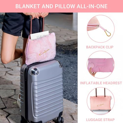Travel Blanket and Pillow Set, 300 GSM Soft Fleece, 60x43 Inches, 3-in-1 Compact with Bag, Pink - color: Pink