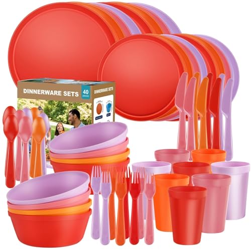 40 Piece Plastic Dinnerware Set for 8 with Cutlery, Unbreakable Plates and Bowls Set, Dishwasher & Microwave Safe Reusable Dish Set for Camping, RV, Outdoor Kitchen, Apartment Dining,Sunset Multicolor - color: Boho