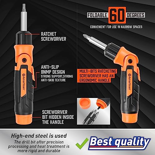 Amartisan 12-in-1 Multi Bit Screwdriver, Ratchet Screwdriver, 60-Degree Adjust Precision Screw Driver, Slotted/Philips/Torx/Square/Hex - color: Orange, size: 12-in-1 Multi-bit Screwdriver Set