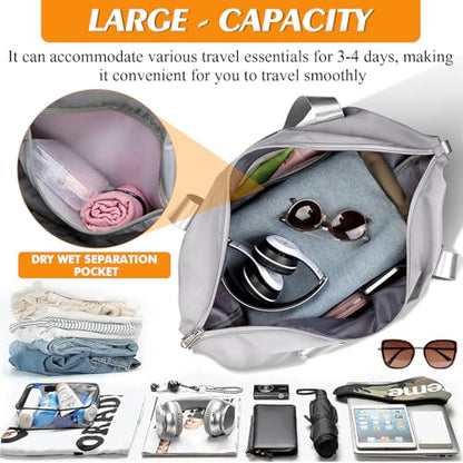 INVODA Travel Bag for Women Expandable Duffel Bag Tote Weekender Overnight Carry on Sports Gym Bags Waterproof Foldable Duffel Tote (Grey)