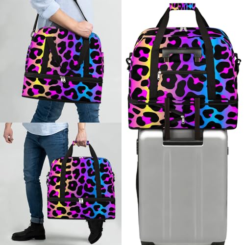 Travel Duffle Bags With Shoes Compartment for Women Men Rainbow Cheetah Leopard Print Lightweigh Sports Tote Gym Bag Foldable Canvas Weekender Overnight Carry On Luggage Handle Bag - color: A05:Rainbow Cheetah Leopard