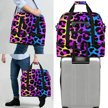Travel Duffle Bags With Shoes Compartment for Women Men Rainbow Cheetah Leopard Print Lightweigh Sports Tote Gym Bag Foldable Canvas Weekender Overnight Carry On Luggage Handle Bag - color: A05:Rainbow Cheetah Leopard