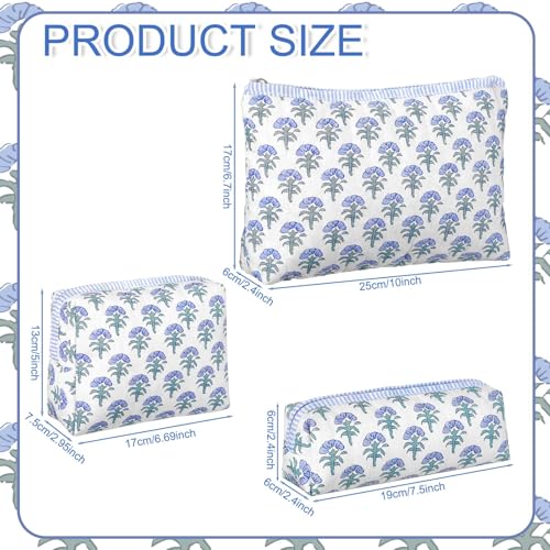 Meanplan 3 Pcs Blue Block Print Quilted Makeup Bag for Women Last Toast on The Coast Quilted Cosmetic Bag Bachelorette Favors Cornflower Coquette Floral Toiletry Pouch Travel Organizer