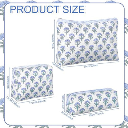 Meanplan 3 Pcs Blue Block Print Quilted Makeup Bag for Women Last Toast on The Coast Quilted Cosmetic Bag Bachelorette Favors Cornflower Coquette Floral Toiletry Pouch Travel Organizer
