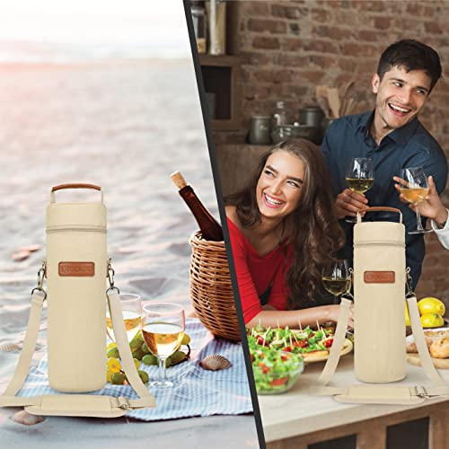 opux Wine Bag Single Bottle Carrier Tote, Insulated Wine Cooler Bag for Travel Picnic Beach with Shoulder Strap, Thermal One Bottle Holder Carrying Case Wine Gift for Women Men, Beige Cream - color: Cream Beige