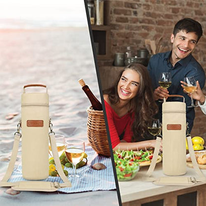 opux Wine Bag Single Bottle Carrier Tote, Insulated Wine Cooler Bag for Travel Picnic Beach with Shoulder Strap, Thermal One Bottle Holder Carrying Case Wine Gift for Women Men, Beige Cream - color: Cream Beige