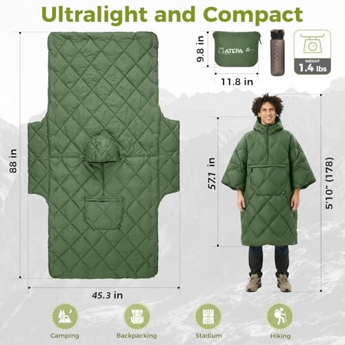 ATEPA Wearable Sleeping Bag Blanket Poncho, Recycled Water-Resistant Camping Poncho, Stadium Blanket for Outdoor Sports - color: Green