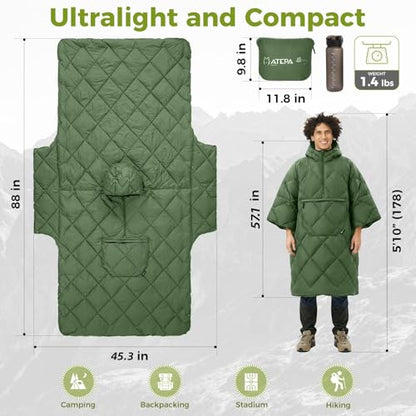 ATEPA Wearable Sleeping Bag Blanket Poncho, Recycled Water-Resistant Camping Poncho, Stadium Blanket for Outdoor Sports - color: Green