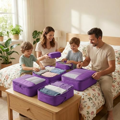 4 Piece Compression Packing Cubes for 3–7 Day Travel, Space Saving Travel Organizers with Breathable Mesh, Double-Zipper Packing Cubes for Carry-On & Suitcases (Purple) - color: Purple