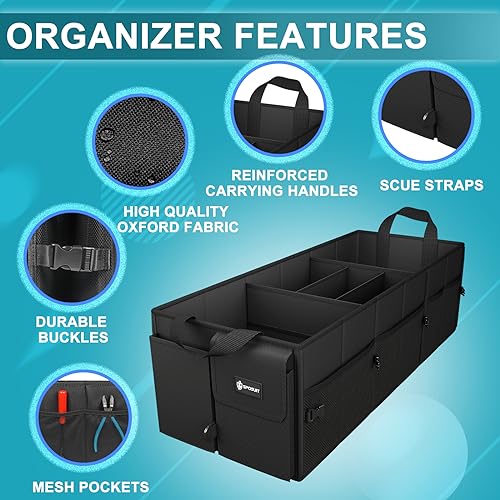 Sposuit Extra Large Trunk Organizer 98L Collapsible Car Storage Trunk Organizer with Removable Dividers & Adjustable Securing Straps for Car SUV Van - color: Black, size: XX-Large