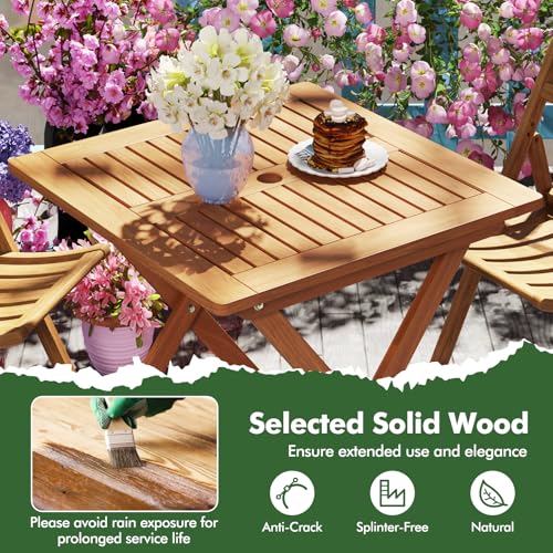 Tangkula 29.5-Inch Square Patio Dining Table, Solid Wood Folding Outdoor Bistro Table with Teak Painting & 2" Umbrella Hole, Outdoor Dining Table for Balcony, Deck, Porch, Backyard - size: 29.5"