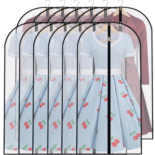 Garment Bags for Hanging Clothes (24''X48'' Set of 12) Suit Bags for Closet Storage Plastic Waterproof Suit Cover Bags with Zipper for Suit, Sweaters, Coat Protector Travel Closet Clothing - color: Black-Translucent, size: 24''X48''-12P