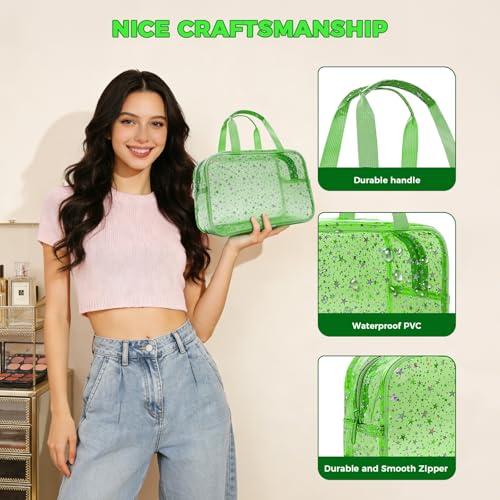 Large Clear Makeup Bag 12x5x8 Green Star Pattern - Waterproof PVC Travel Cosmetic Organizer with Handle, Durable Transparent Toiletry Case for Women Girls Travel Gym Beach Storage - color: Green, style: Star
