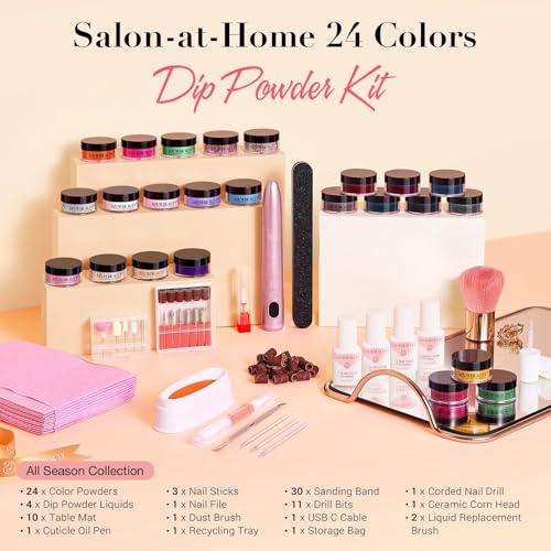AzureBeauty Dip Powder Nail Kit with Electric Nail Drill 24 Colors Nude Pink Glitter Red Green Nail Powder Starter Kit with Dip Liquid Set Base Top Coat Activator Portable Manicure Essential Set - color: Bright Green Red