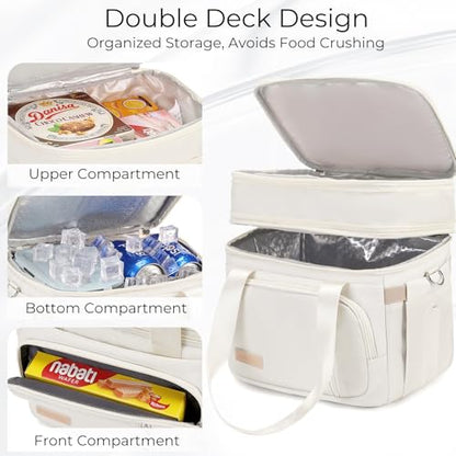 MAPLELILY Lunch Box for Men Women - Double Deck Insulated Lunch Bag, Large Leak Proof Tote Cooler, Wide Open Dual Compartment Lunch Bags with Shoulder Strap, For Work Picnic Hiking Beach, Beige - color: Beige