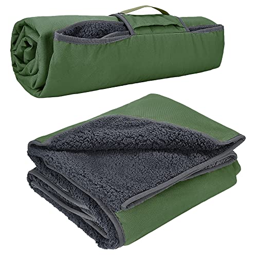 Tirrinia Waterproof Outdoor Blanket with Sherpa Lining, Windproof Triple Layers Warm Comfy Foldable for Camping Stadium, Beach, Picnic, Grass, Concerts, Car, Dog, 51''X 59'' & 59''X 80'' - color: Dark Green/Grey, size: 51” x 59”