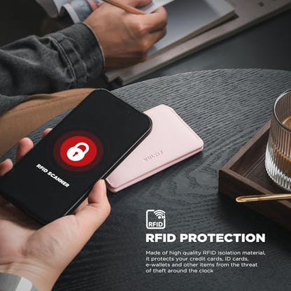 VULKIT Slim Minimalist Card Holder RFID Blocking Leather Credit Card Holder Front Pocket Wallet Magnetic Closure - color: Pink